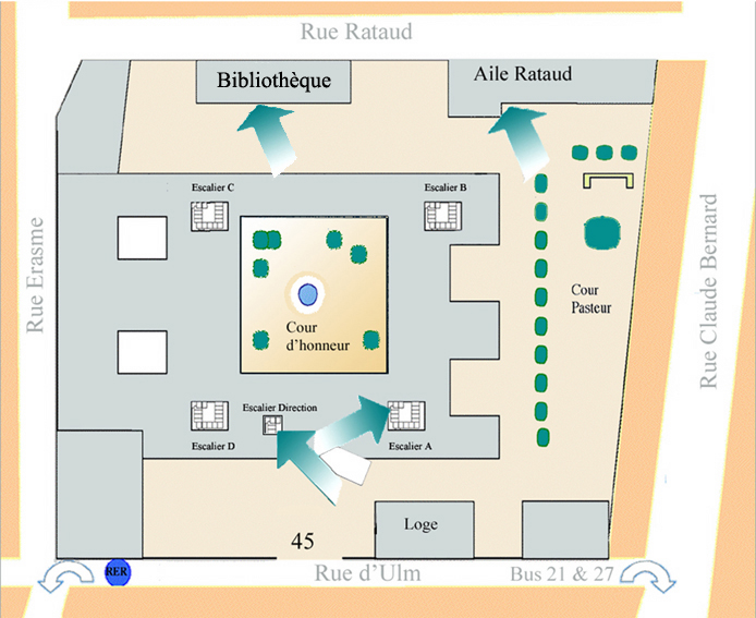 Map of ENS PSL - Library (bibliotheque) at back of the courtyard